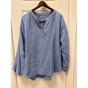 Karyn Seo Lea Blouse Top Size Large Blue Tunic Gauze 100% Cotton